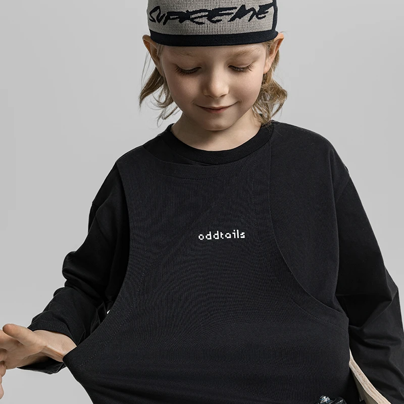 【清】oddtails男童春季长袖t恤黑色中大童纯棉透气拼接上衣YQG2107