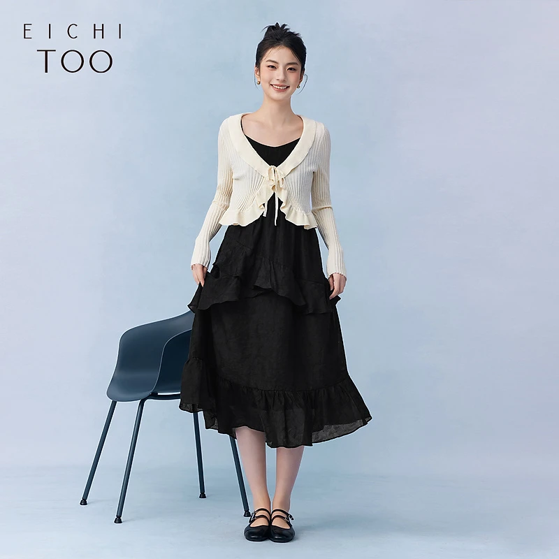 爱居兔春季新荷叶边设计感时尚两件式针织衫连衣裙EQLSJ1P003A