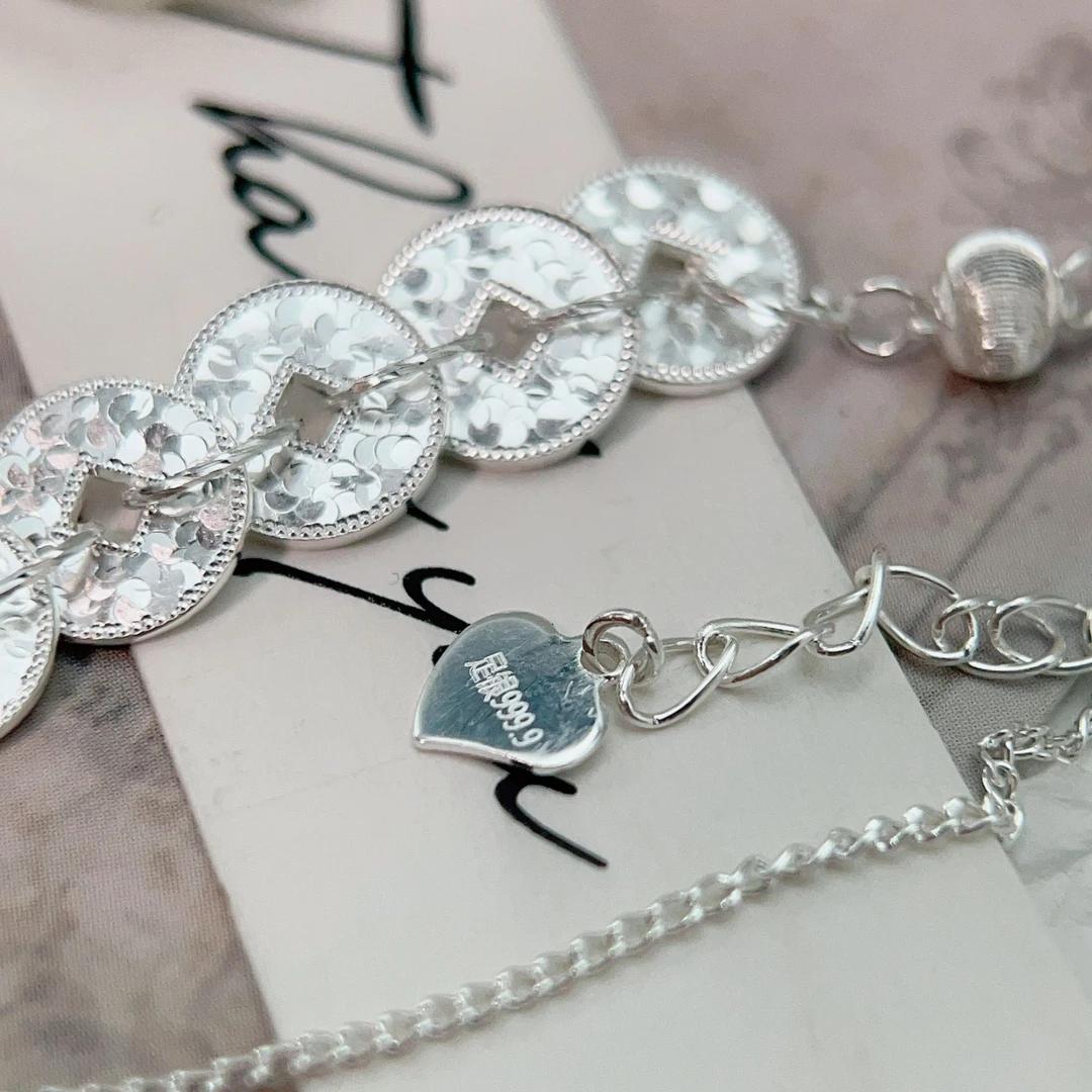 足银手链 足银【黔艺银阁】纯手工足银碎冰冰五帝钱轻奢手链