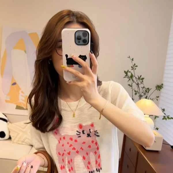 俏皮猫猫体恤上衣2025年夏季新款卡通圆领竹节麻短袖t恤女高级感