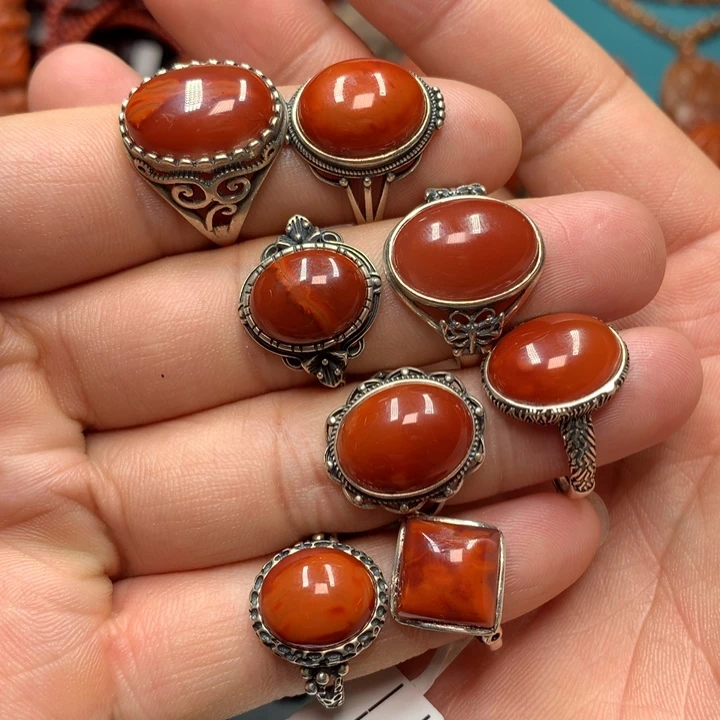 南红玛瑙戒指银S925镶嵌风**·