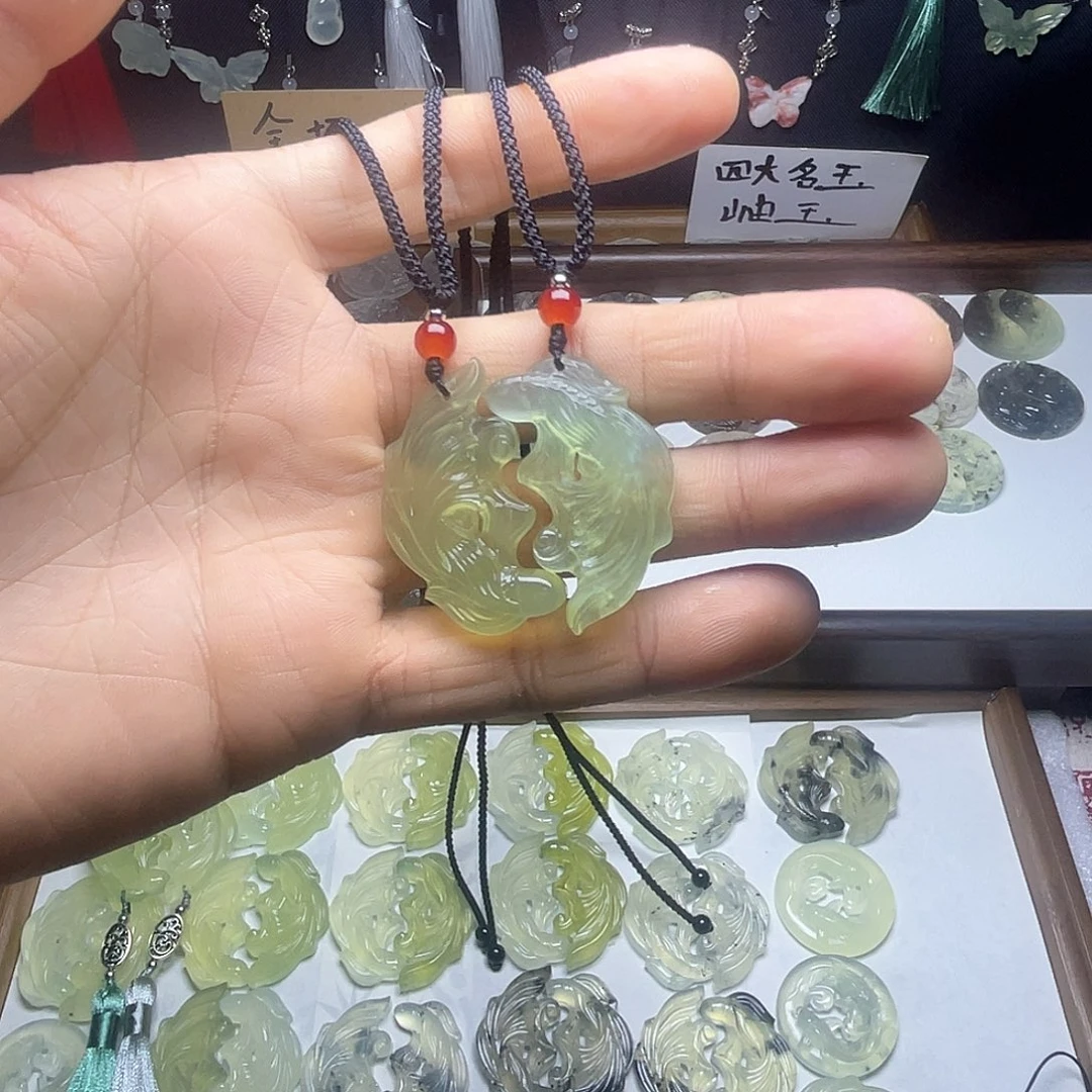 岫玉未镶嵌岫玉双鱼玉佩吊坠项链