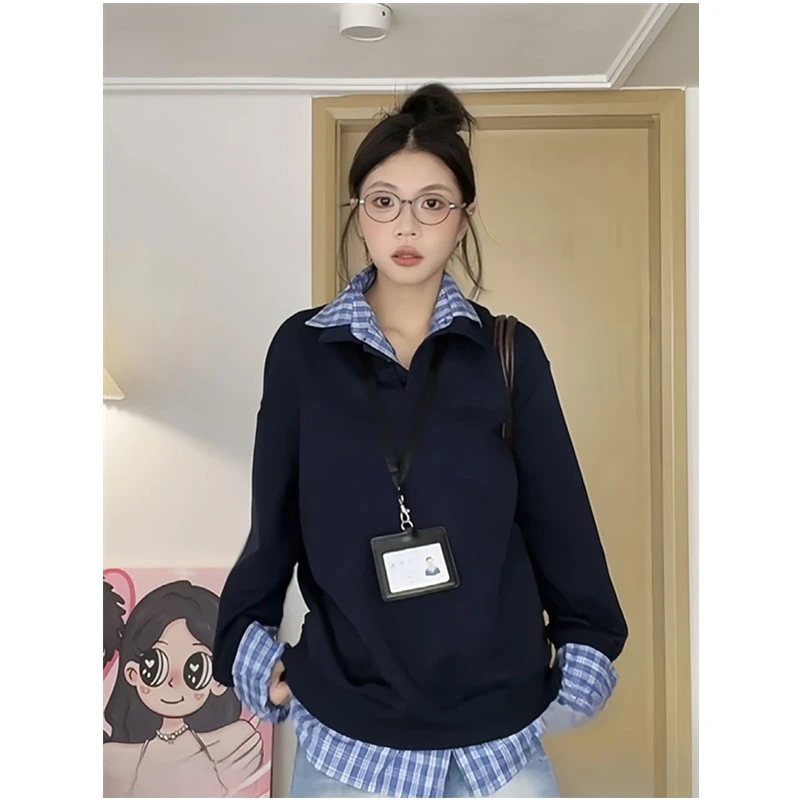 大码胖mm美式休闲假两件卫衣女秋季新款宽松显瘦撞色衬衫领上衣潮