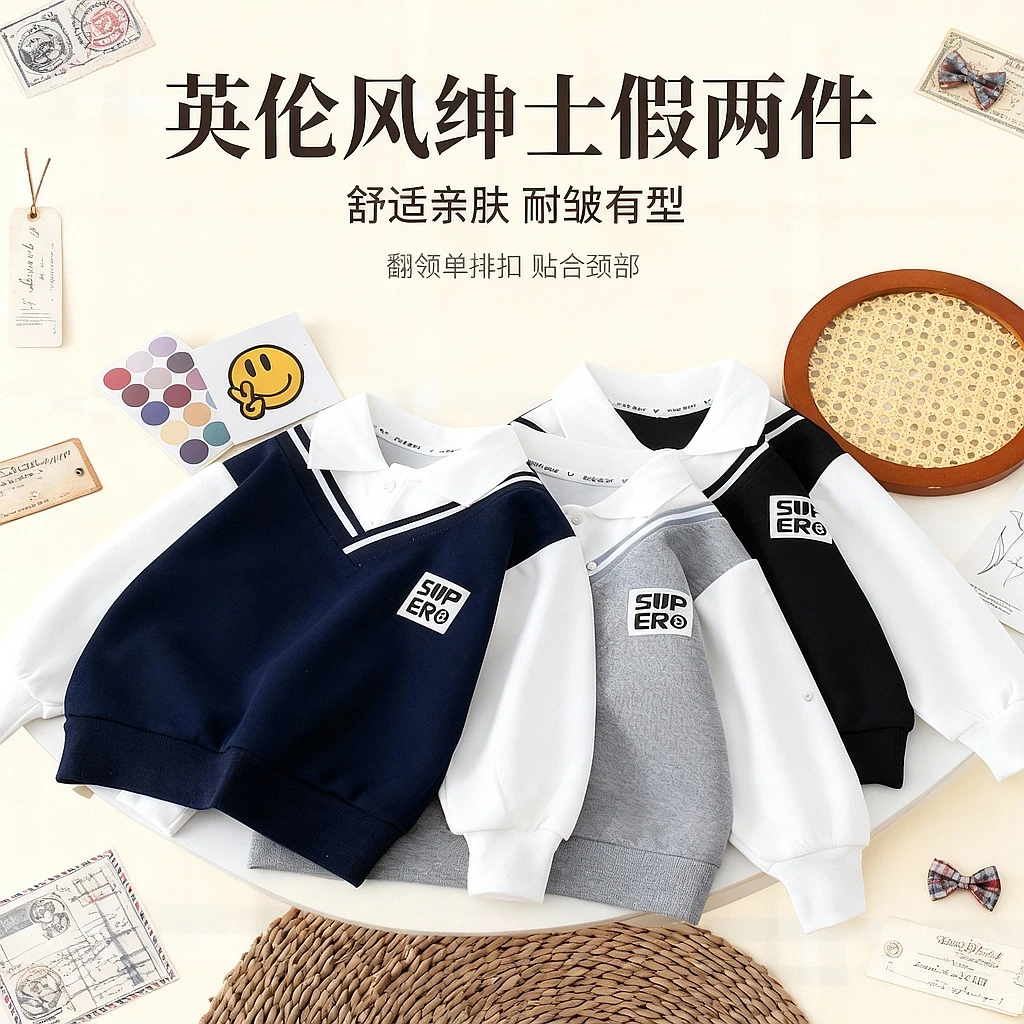 儿童英伦风洋气男童春季绅士儿童打底休闲秋季POLO卫衣衫假两件YH