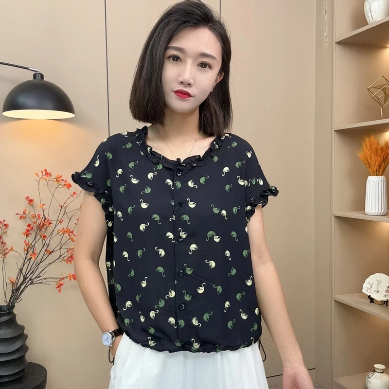 时尚夏季新款优雅气质上衣小天鹅印花短袖百搭显瘦上衣-0336