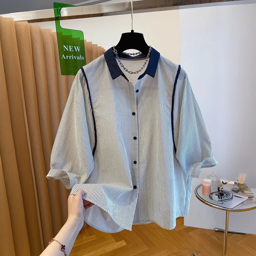 韩系条纹衬衫女短袖2025夏季新款宽松休闲洋气小衫五分泡泡袖上衣