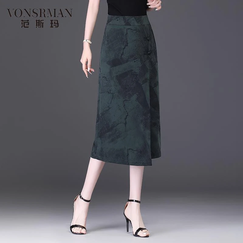 醋酸绸缎半身裙女夏2025新款高腰显瘦印花中长裙韩版修身包臀裙女