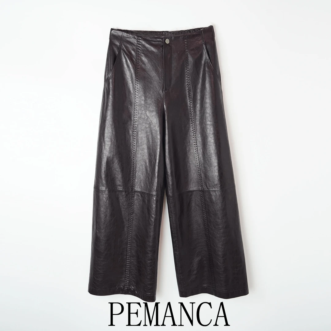 欧货法式阔腿裤水晶翡翠油蜡绵羊皮长裤女松紧腰拱针显瘦阔腿裤女