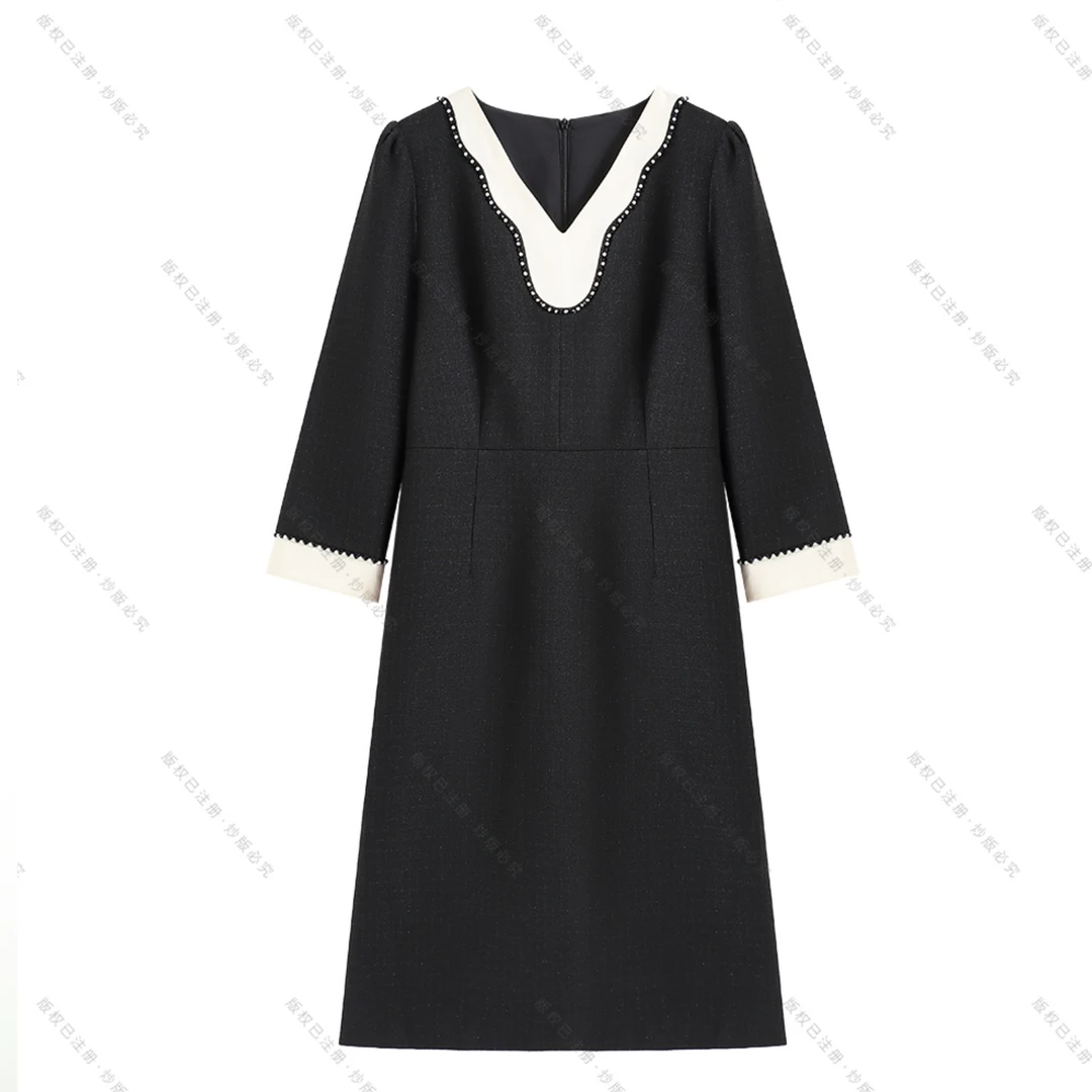 【南油虹姐】秋季V领拼接钉珠法式轻奢气质显瘦大码连衣裙