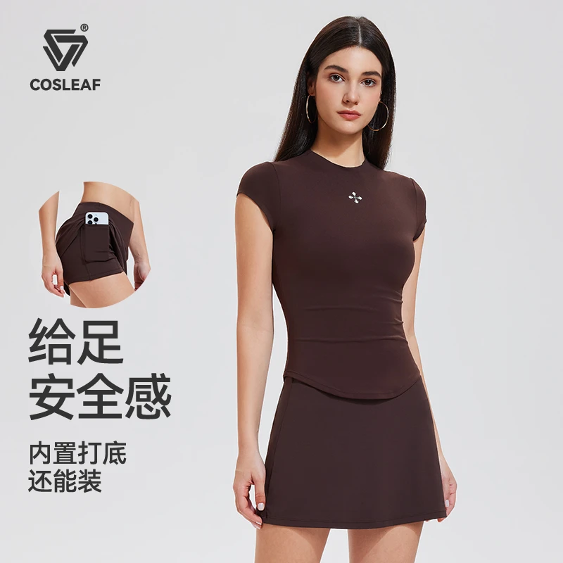 科里芙轻薄裸感美式复古十字花紧身辣妹显瘦健身短袖短裙裤套装