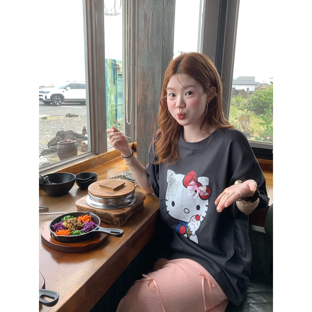 火火火【休闲日记】韩版hellokitty印花宽松短袖t恤上衣T34449HH52