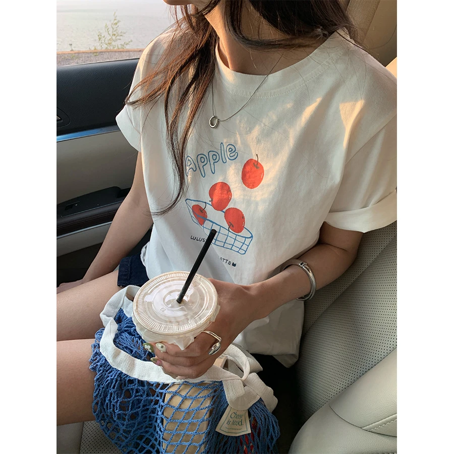 纯棉苹果图案印花圆领短袖T恤女2025夏款清新可爱上衣