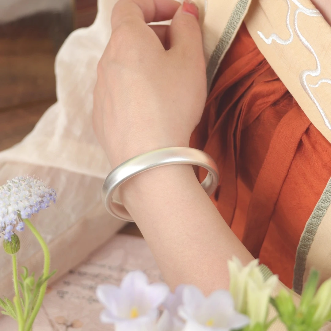足银手镯 纯银9999古法磨砂素圈手镯车轮设计简约风送女友送妈妈
