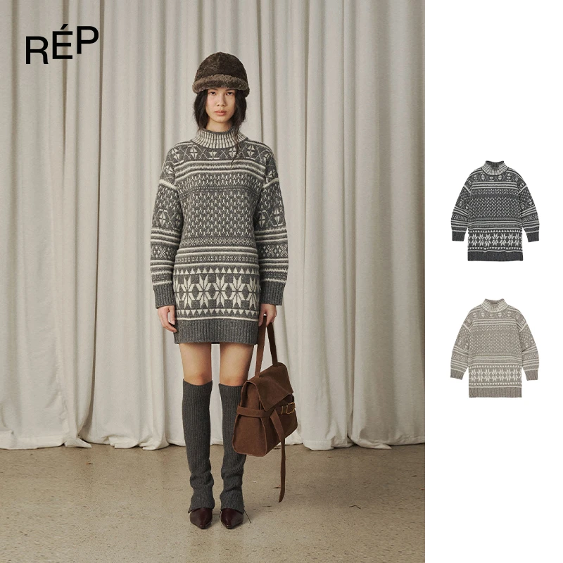 REP-VERSO设计师品牌深灰费尔岛高领针织连衣裙 25FW女装新品