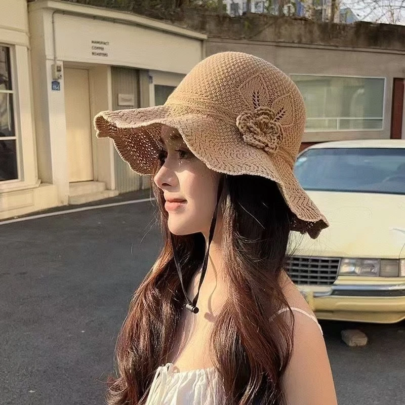 （波浪款）夏季新款波浪大沿渔夫帽时尚百搭遮阳花朵太阳帽