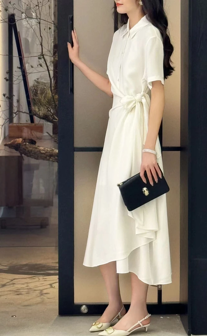 九畹花侧系带包布扣真丝裙