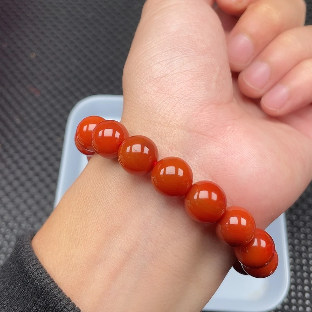 南红玛瑙未镶嵌12mm柿子红圆珠手链整串17颗