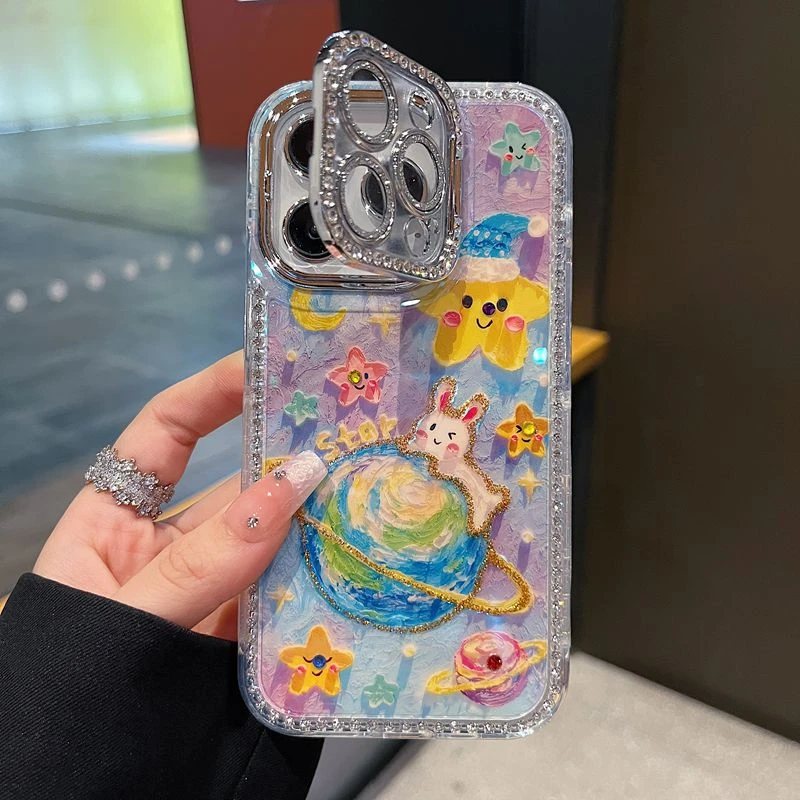 适用苹果系列iPhone16新款手机壳油画兔子星球全包镜头膜钻框支架