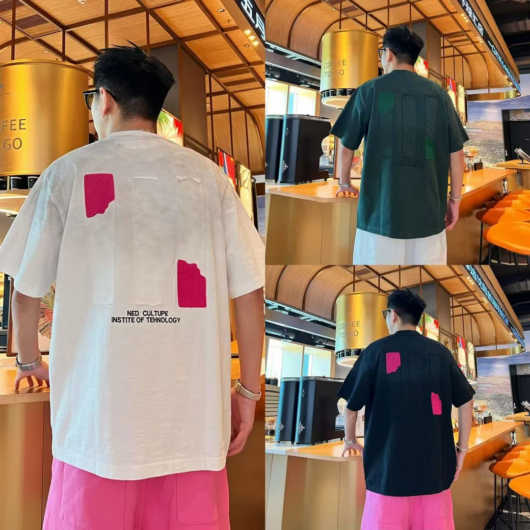 简约休闲百搭个性渐变贴布植绒设计字母刺绣宽松透气夏季男士短袖