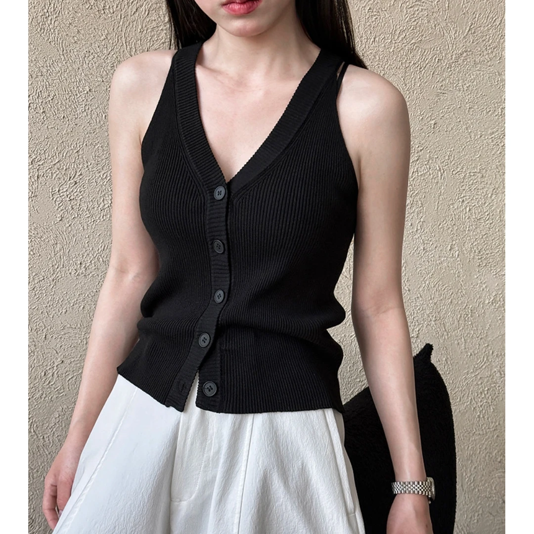 2025韩系纯欲V领无袖上衣女春夏简约坑条百搭纽扣针织背心