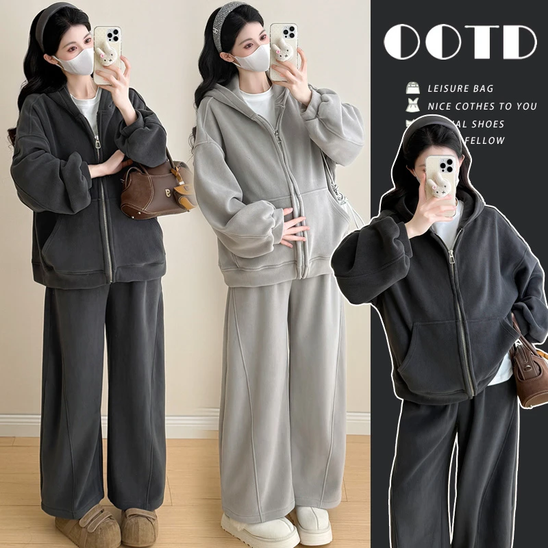 网红孕妇装双面奥莉绒超厚卫衣套装冬季慵懒风宽松休闲运动两件套