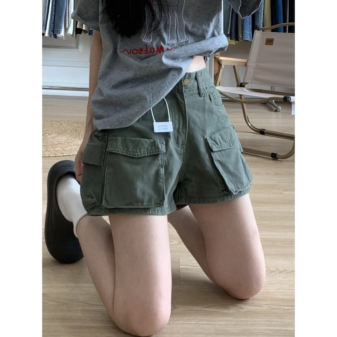 大码绿色工装牛仔短裤女夏季新款美式多口袋设计感阔腿宽松短裤潮
