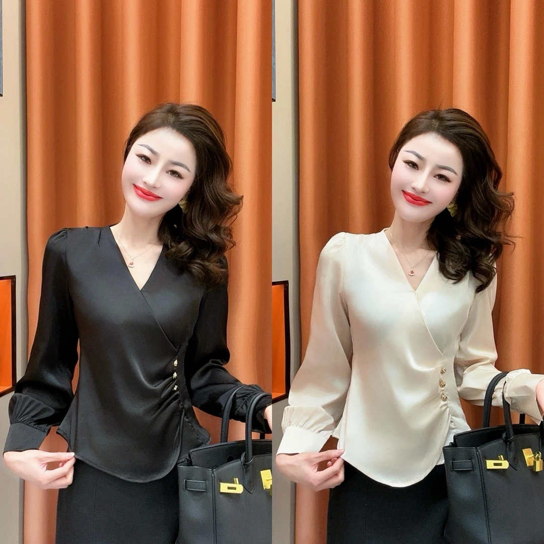 【柏芝推荐】2025春季新款法式V褶皱收腰长袖衬衫显瘦百搭洋气上衣