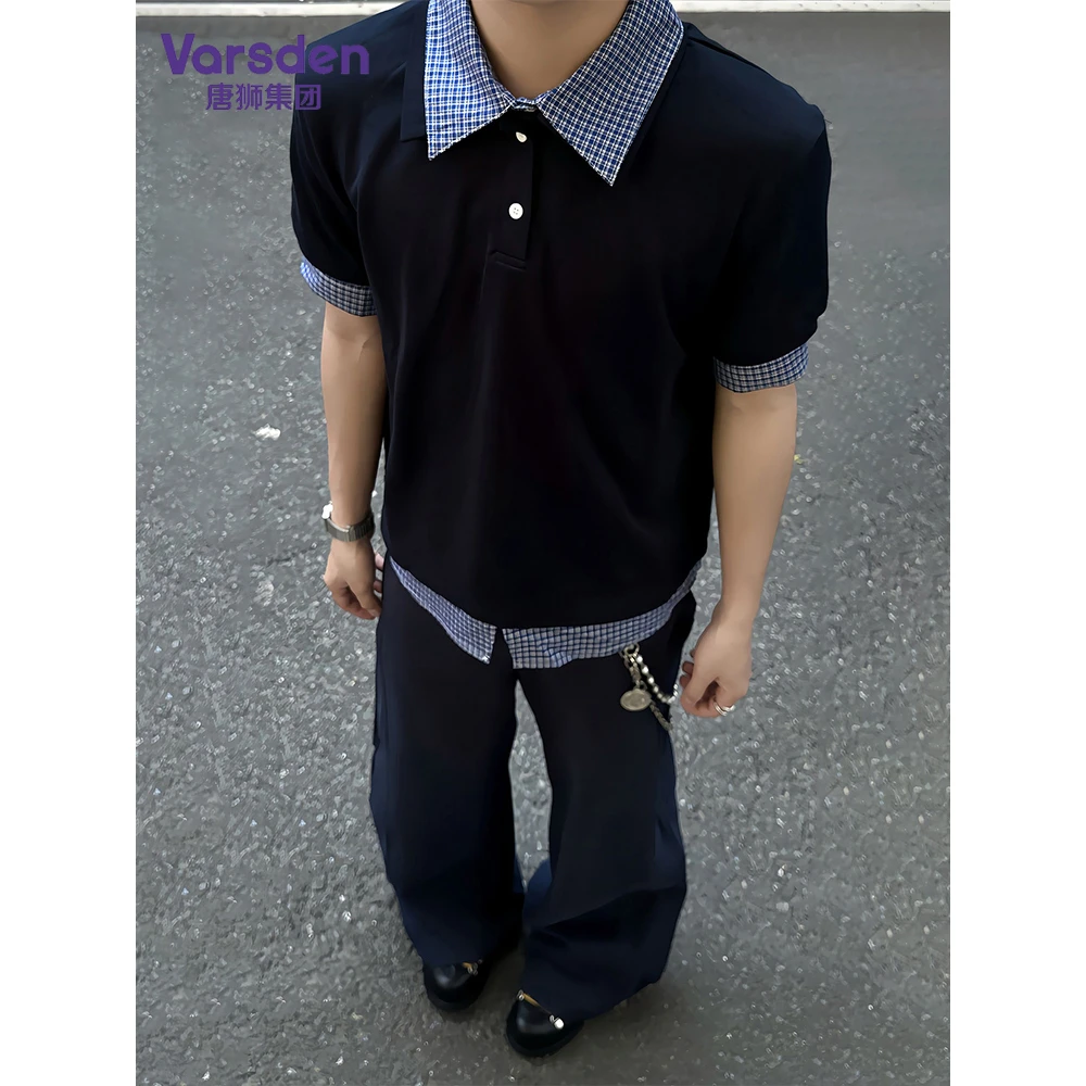 唐狮集团Varsden美式假两件复古polo衫老钱风撞色学院风情侣衬衣