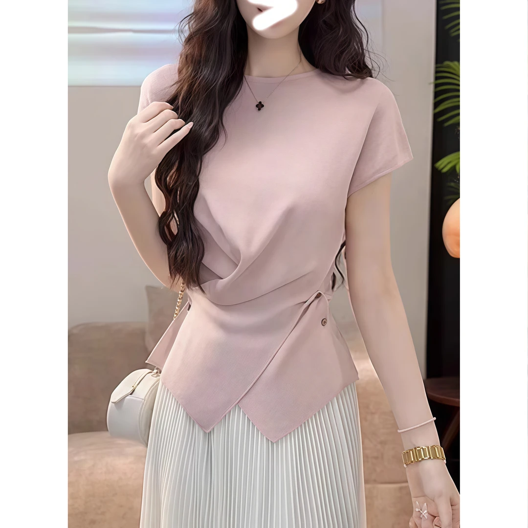 法式别致独特不规则下摆短袖针织衫2025夏季上衣收腰显瘦打底衫潮