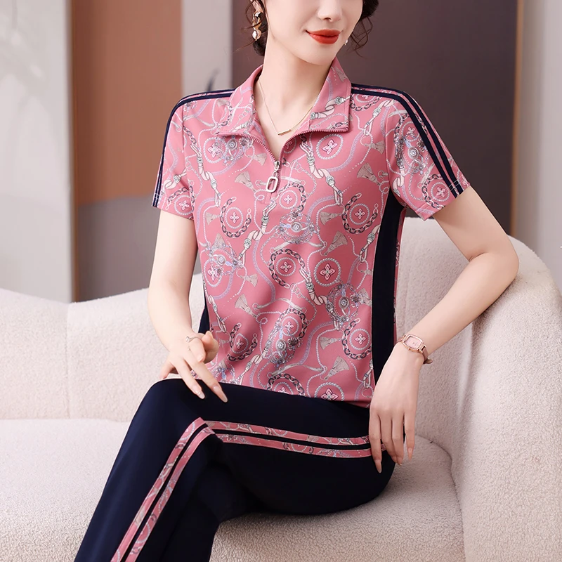 时尚减龄2025夏季新款运动套装女短袖长裤大码休闲服两件套薄款潮