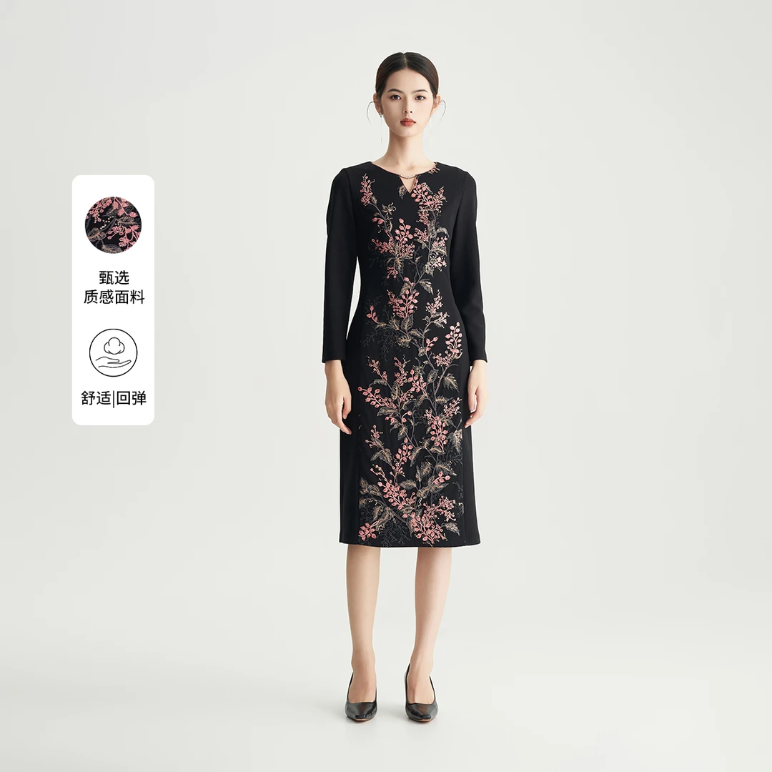 【福利专属】马天奴印花优雅刺绣礼服连衣裙VRA549DRX0