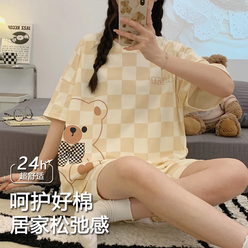 睡衣女小个子夏季薄款 短袖韩版ins风卡通可爱格子小熊少女家居服