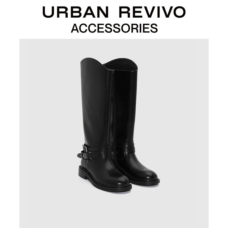 URBAN REVIVO2025冬季新款女复古扣带长筒马靴靴子UAWS50118
