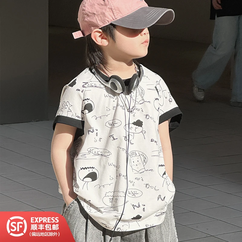 243151儿童夏季洋气百搭休闲时尚印花圆领短袖T恤