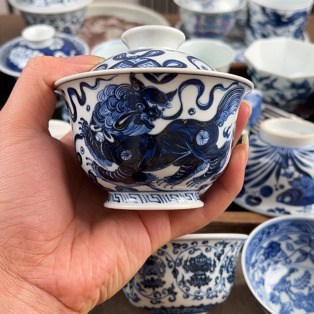 青花双狮子大盖碗手工手绘