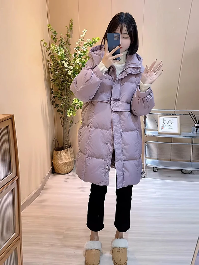 羽绒服女中长款2025年冬季新款韩版牛角扣外套潮