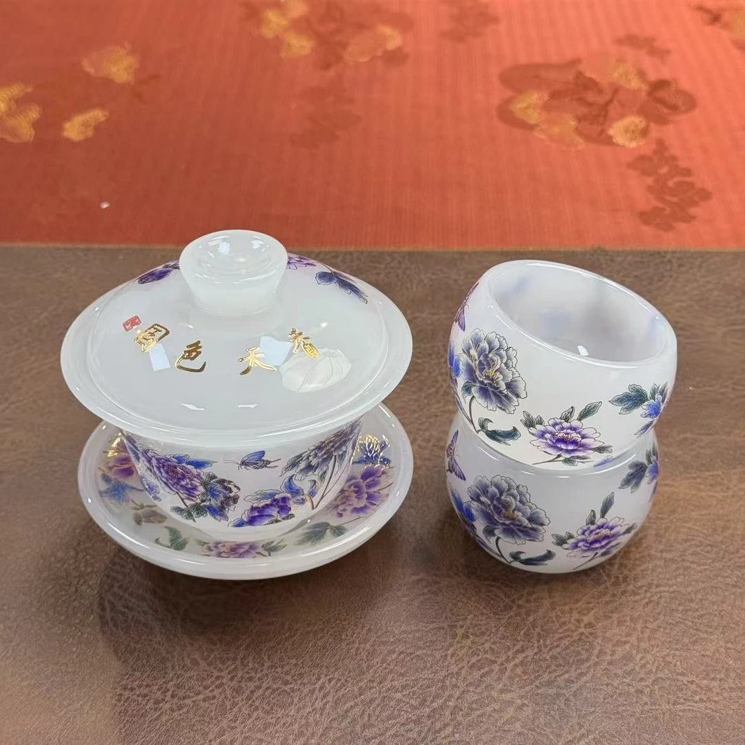 变色牡丹花琉璃盖碗茶具简约家用小套组一盖碗带二杯ZHDP029