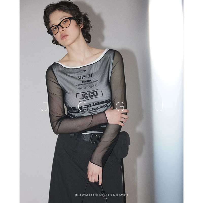 JGGU晶咕黑标【薄纱美学】纱感印花针织假两件蕾丝显瘦长袖短款T恤