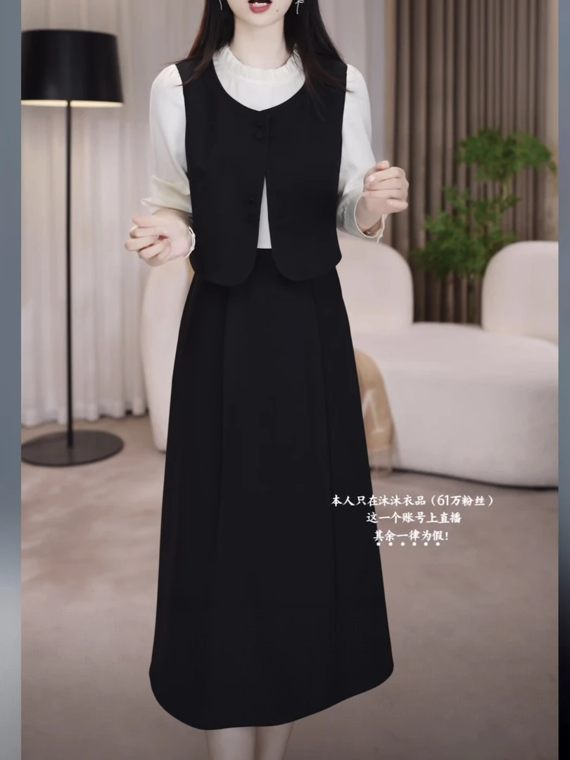 【连衣裙】2025春秋显瘦气质长袖洋气时尚黑色通勤休闲连衣裙