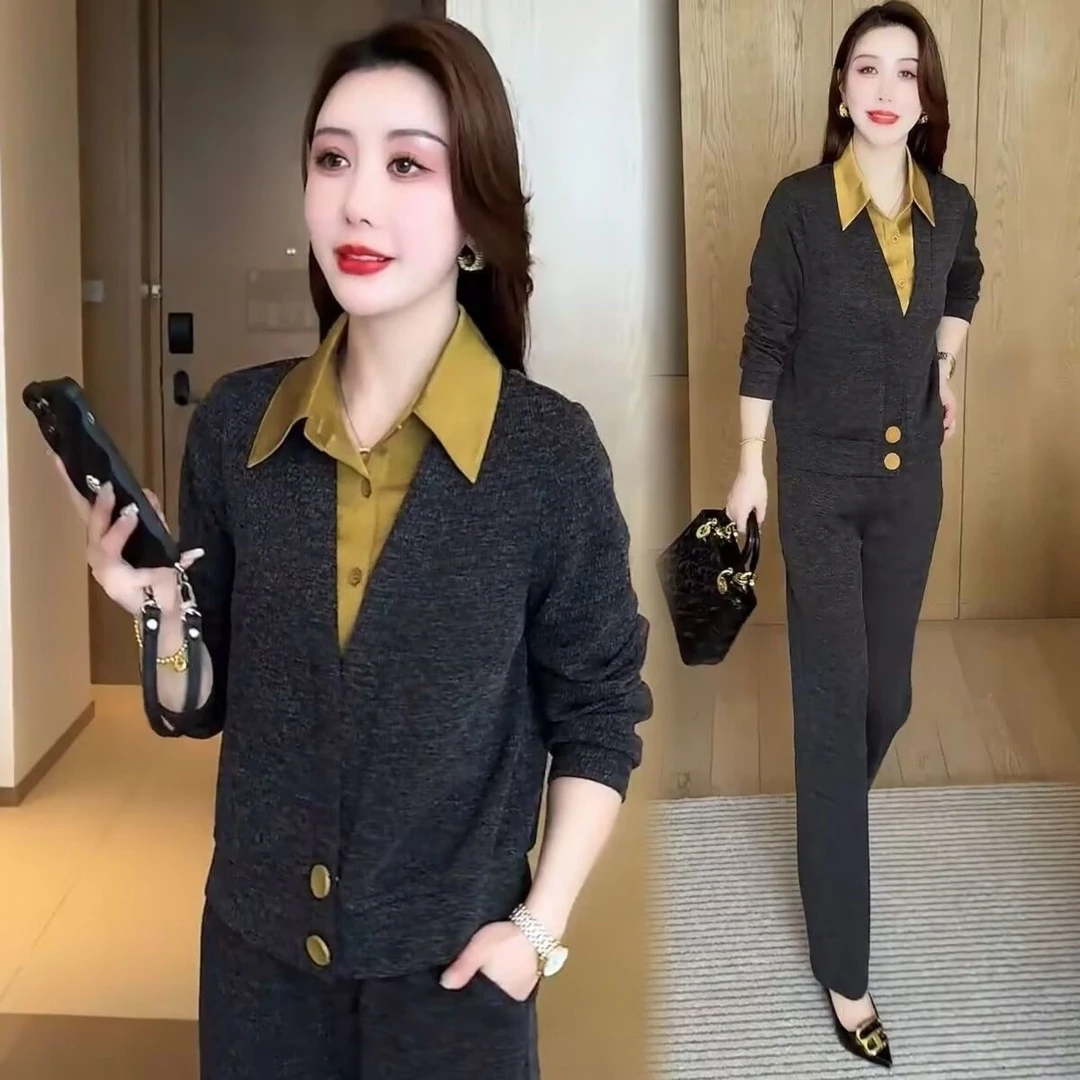 时尚休闲套装女2025春秋新款洋气显瘦假两件上衣阔腿裤运动两件套