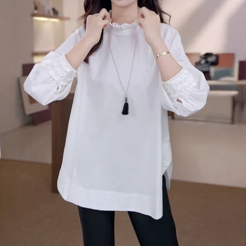 法式气质简约长袖衬衫2025秋冬新款设计感木耳边拼接休闲圆领上衣