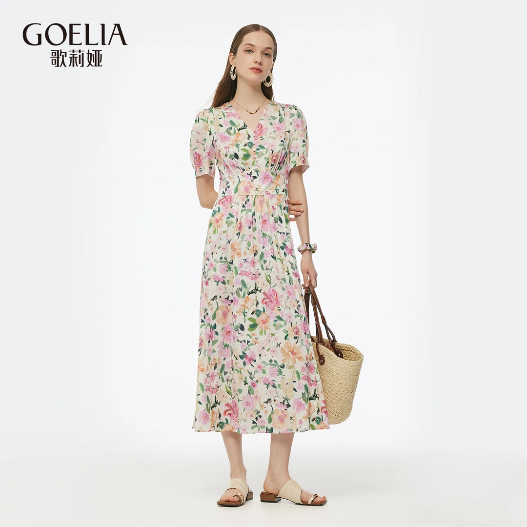 【花仙子】歌莉娅桑蚕丝印花连衣裙配发饰甜美夏季新款显瘦收腰