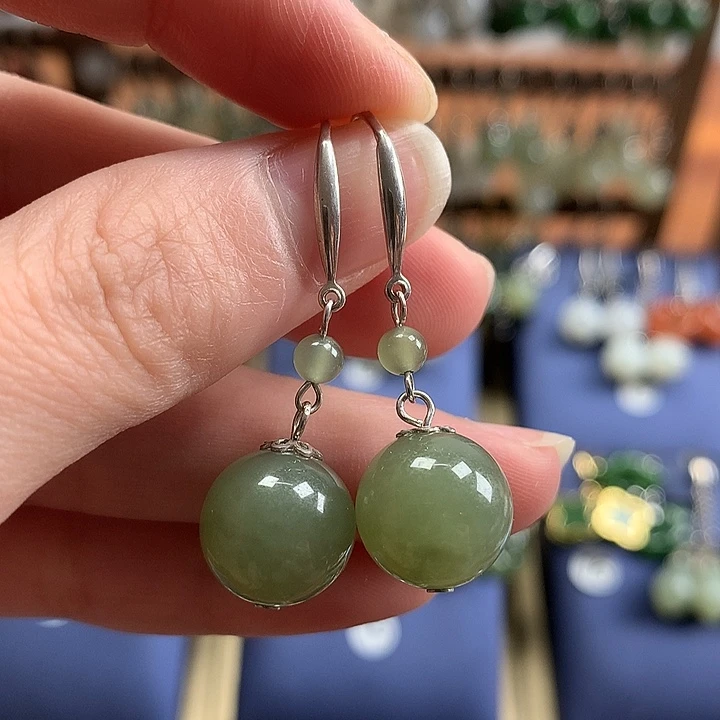 和田玉银S925镶嵌耳饰12左右湖水绿