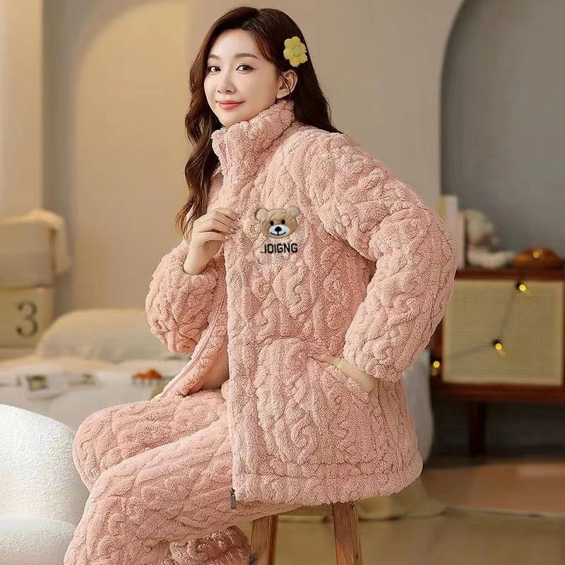 三层夹棉睡衣女秋冬季提花珊瑚绒加厚加绒立领拉链保暖外穿家居服