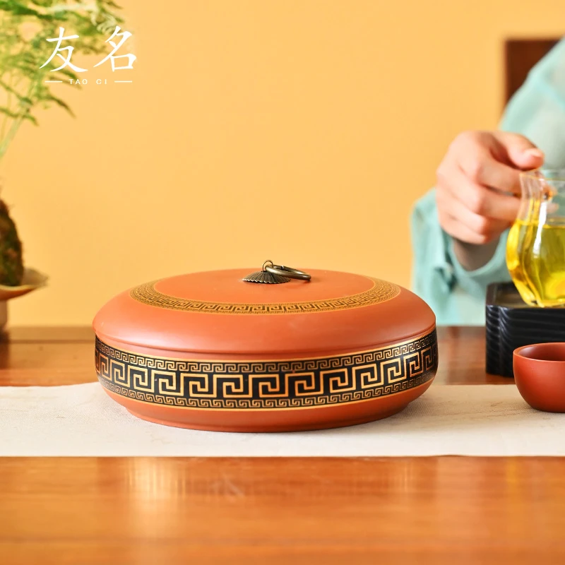 黑金花回纹描金饼罐陶瓷一茶叶罐饼茶罐-3177