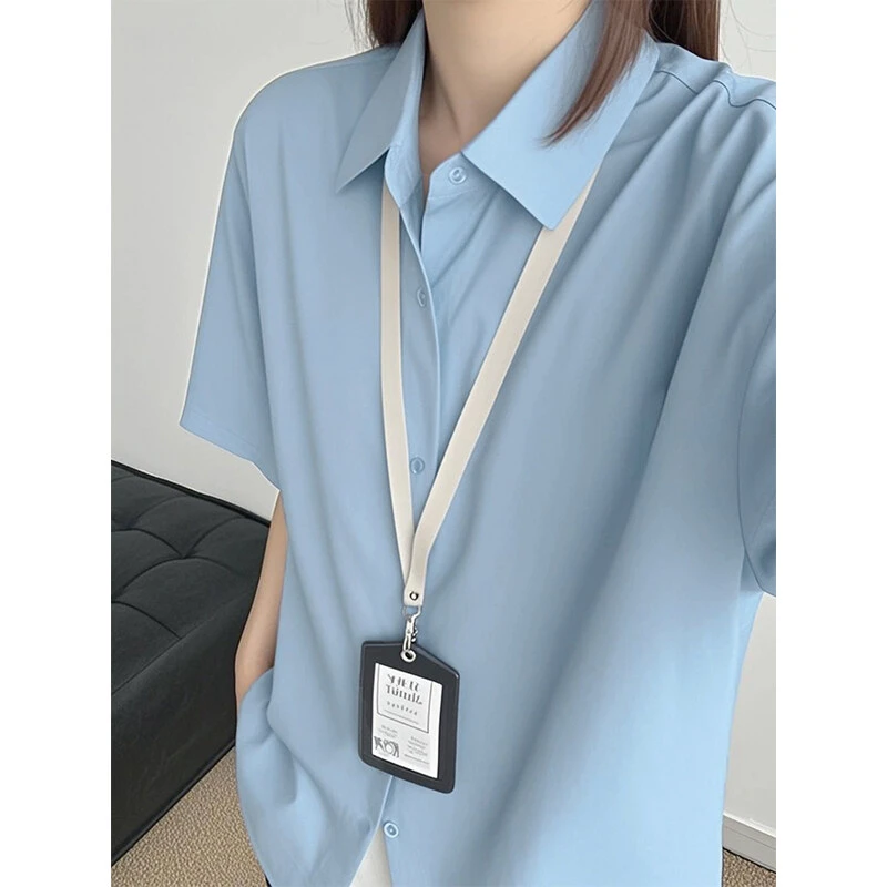 奶蓝色冰丝短袖衬衫男夏季简约风早八通勤衬衣高级感情侣潮牌外套