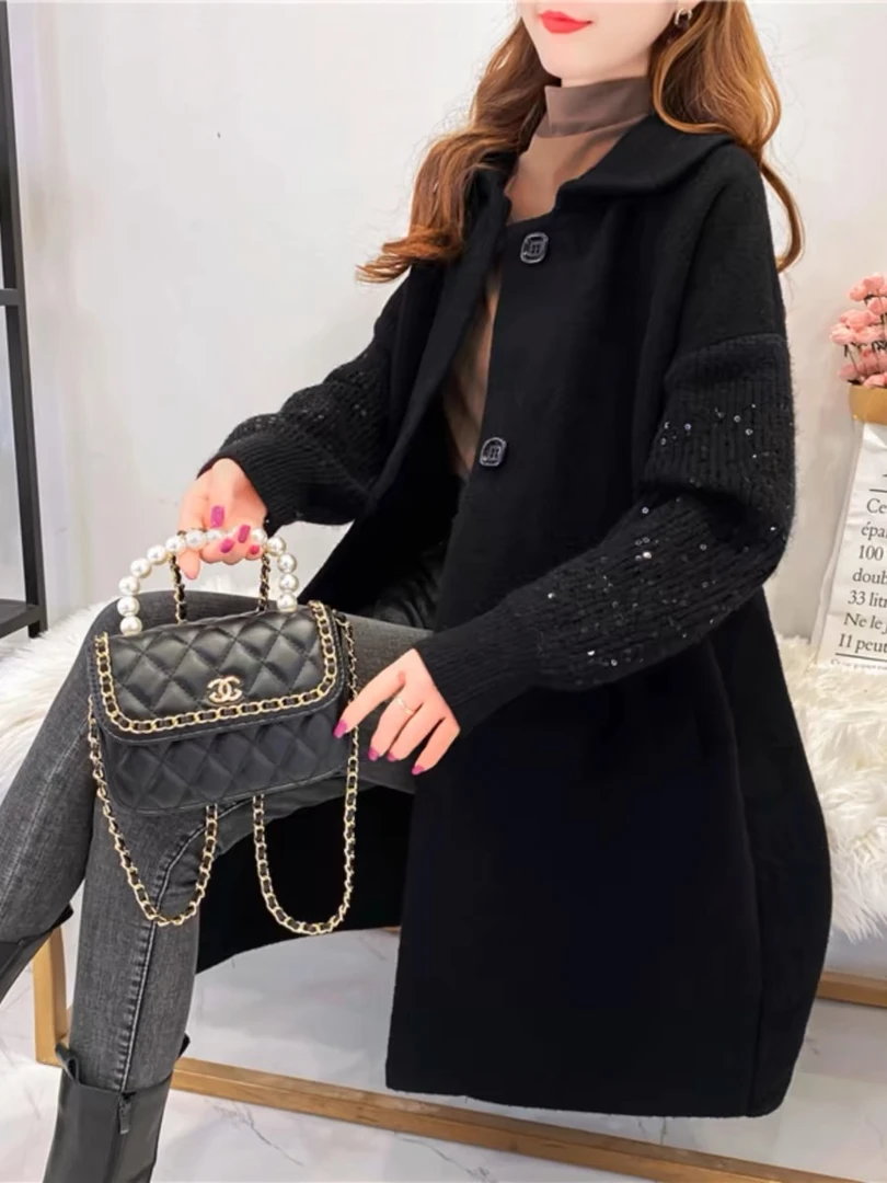 静姐 新款翻领拼接针织袖百搭经典中长款大衣25221