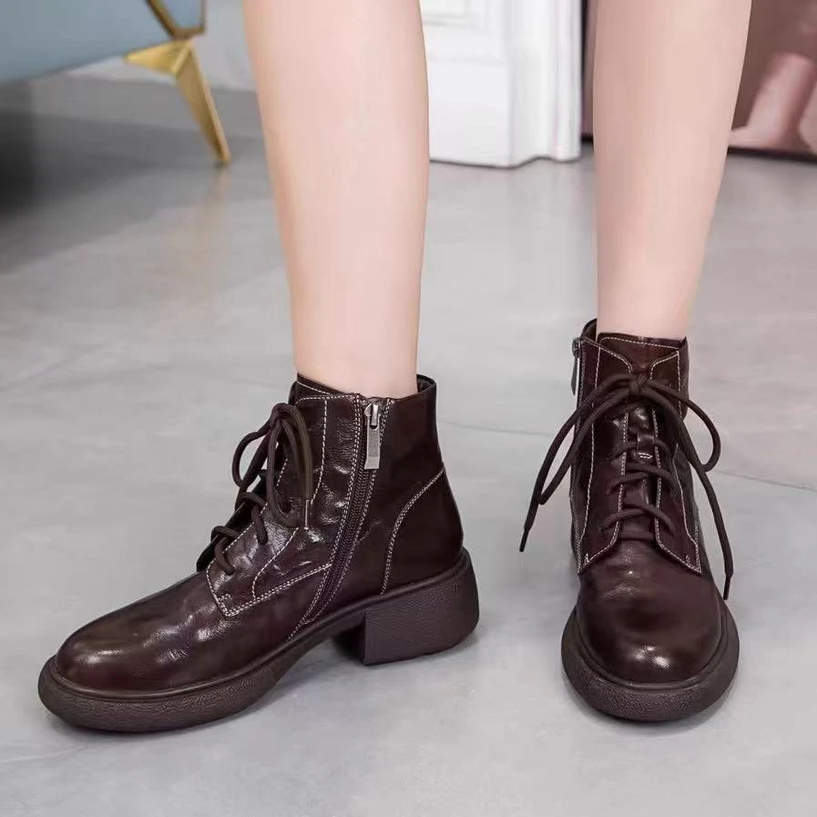 C2003 咖色 时尚粗跟圆头真皮复古短靴 马丁靴