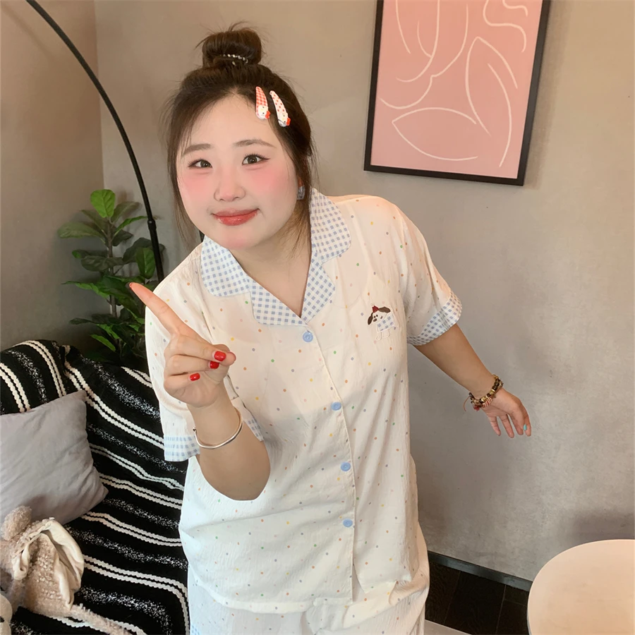 夏季大码胖MM睡衣200斤短袖短裤云朵棉蓝格纹小波点ins少女