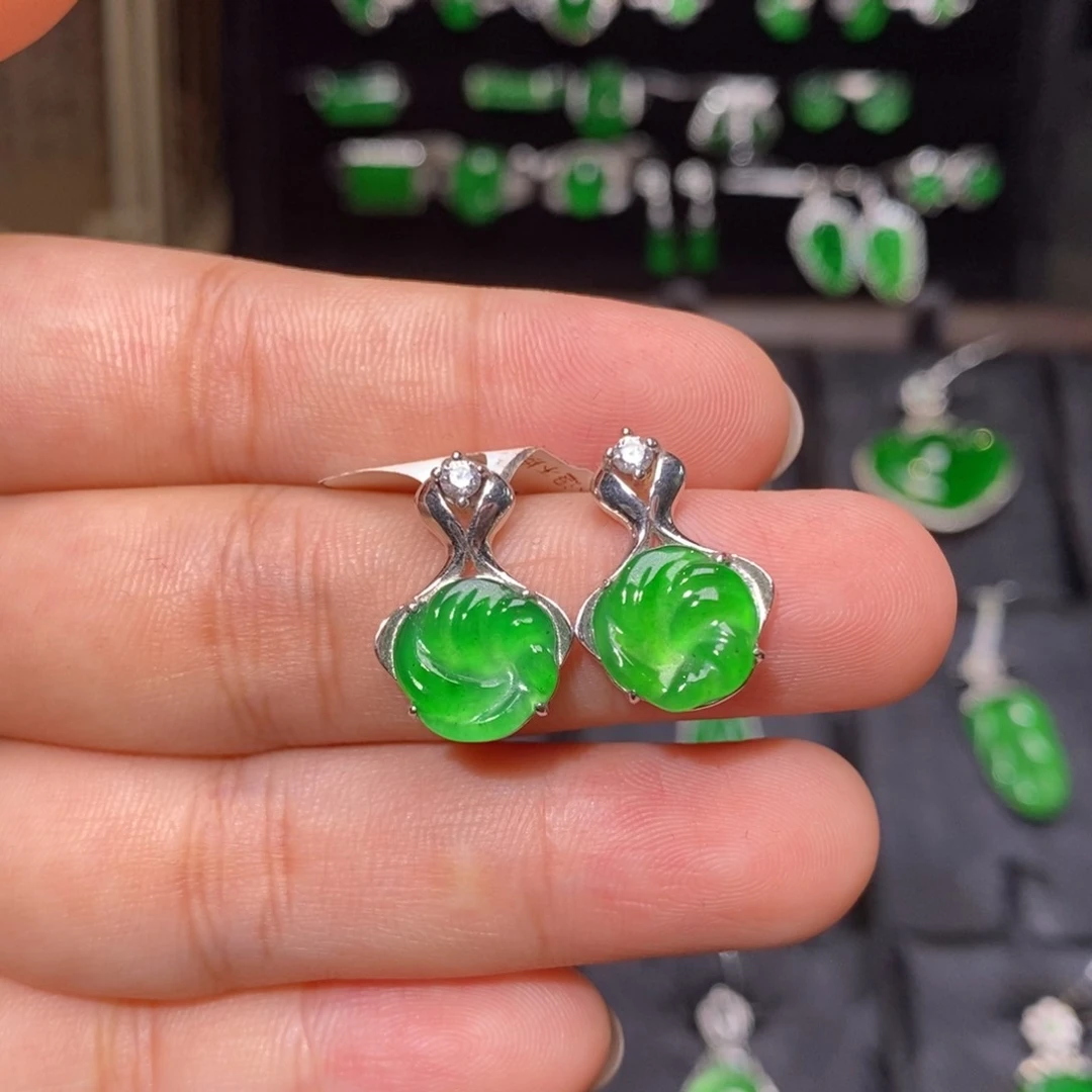 银S925镶嵌翡翠耳饰天然翡翠
